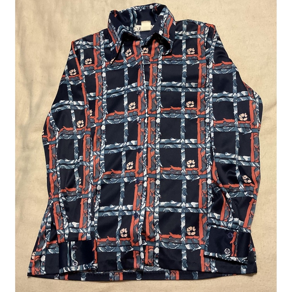 Vintage‎ Trissi Shirt Womens Medium Blue Geometric Button Front Long Sleeve 70s